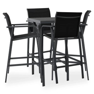 vidaXL Gartenbar-Set, 5-teilig, schwarz. Bar-Tisch mit 4 Barstühlen aus Stahl und Textilene.