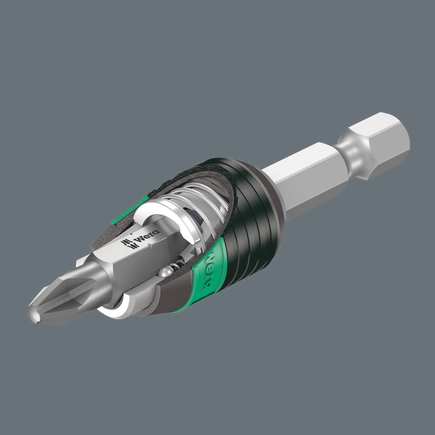 Detailaufnahme Wera Bit mit Bithalter aus dem 52-teiligen Bit-Set Kraftform Kompakt.