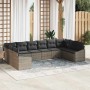 Graues 10-tlg. vidaXL Garten-Sofa-Set aus Poly Rattan mit grauen Kissen für Terrasse und Garten.