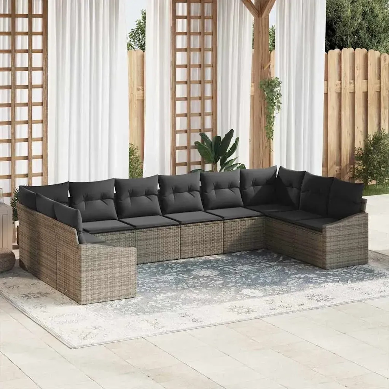 Graues 10-tlg. vidaXL Garten-Sofa-Set aus Poly Rattan mit grauen Kissen für Terrasse und Garten.