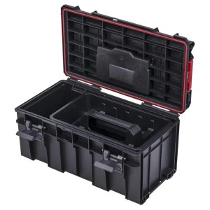 Offener, schwarzer PROREGAL QBRICK Werkzeugkasten Pro, 26x45x24 cm, mit Deckel und Tragegriff.