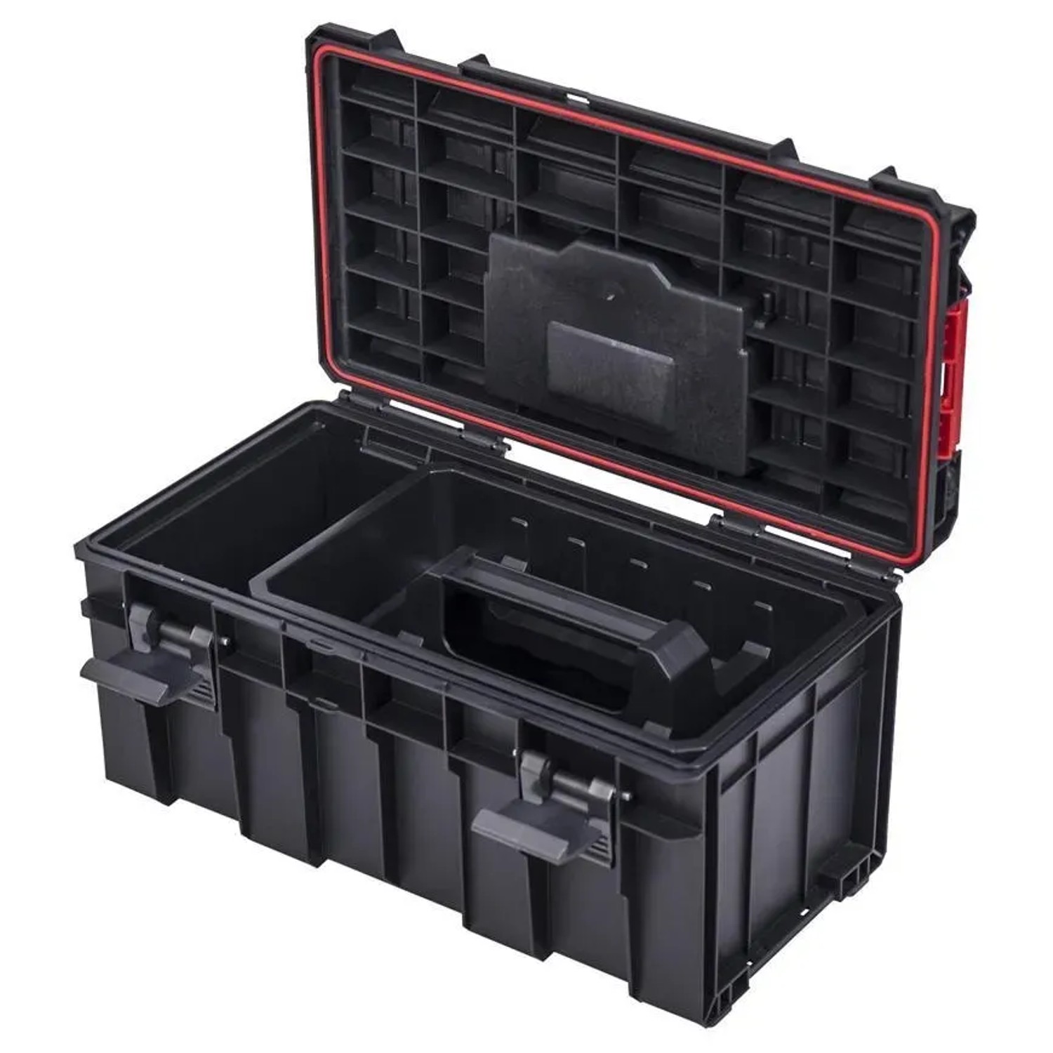 Offener, schwarzer PROREGAL QBRICK Werkzeugkasten Pro, 26x45x24 cm, mit Deckel und Tragegriff.
