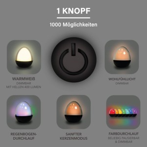 MegaLight Ovo Smoke LED-Tischleuchte: Ein Knopf steuert dimmbares Warmweiß, RGB-Farbwechsel & Kerzenmodus. Funktionen für Indoor & Outdoor.
