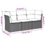 Hellgraue 3-tlg. vidaXL Garten-Sofagarnitur aus Polyrattan mit Kissen, Maße sind eingezeichnet.