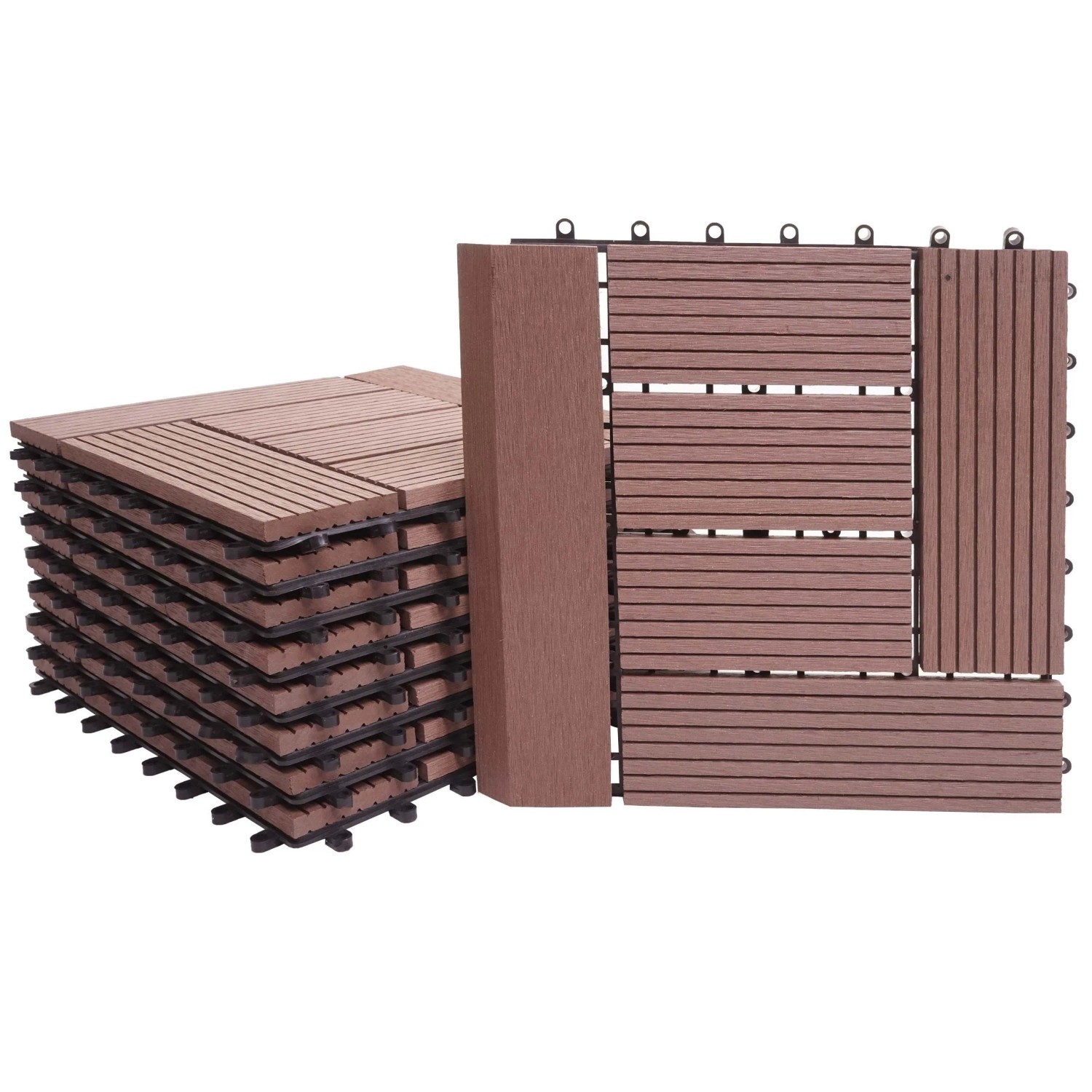 BERLINLODGE WPC Bodenfliese Mit Abschluss 11x Je BxT 30x30cm Premium Holzoptik Balkon Terrasse Coffee Versetzt