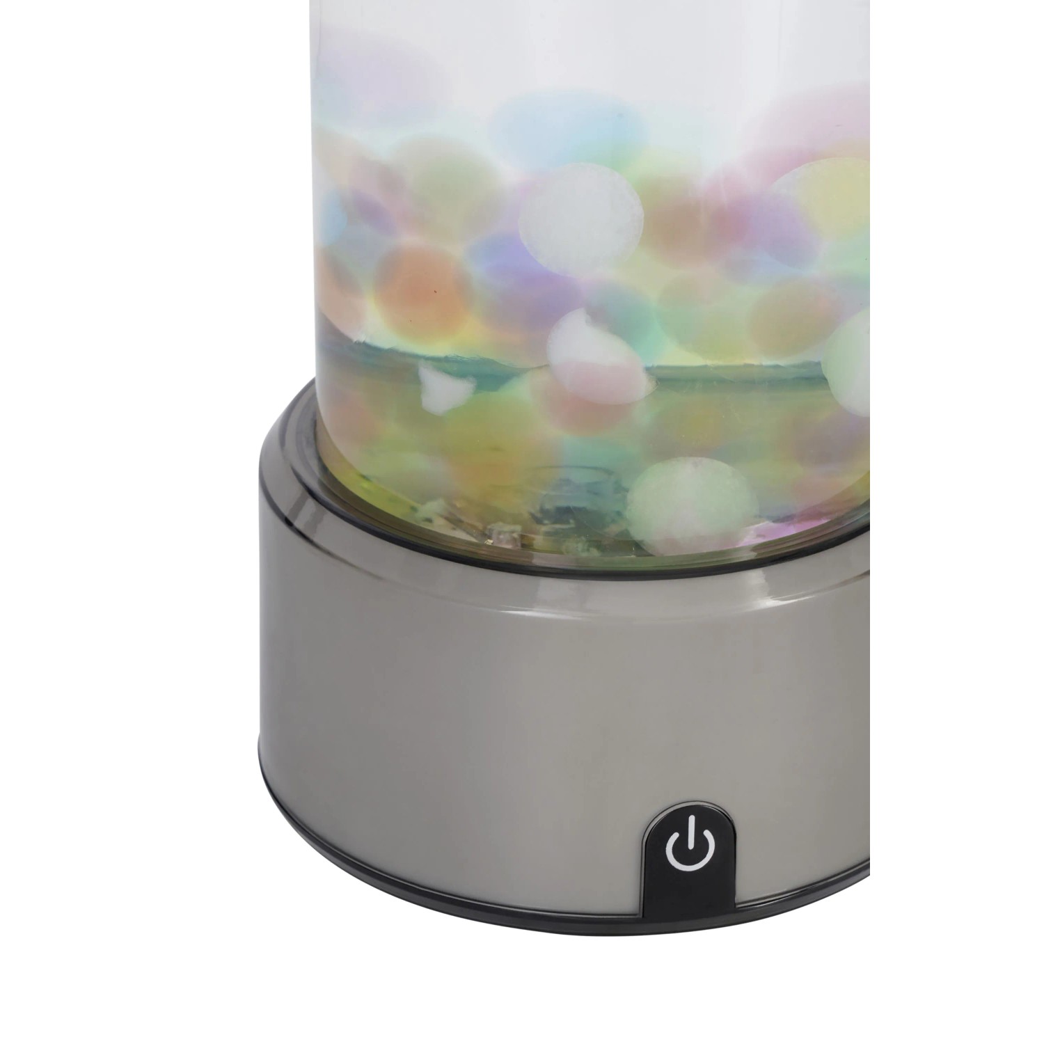 Eglo LED-Lavaleuchte Aqua: Silberne Basis mit Touch-Knopf, transparenter Zylinder mit bunten, schwebenden Jellyballs.