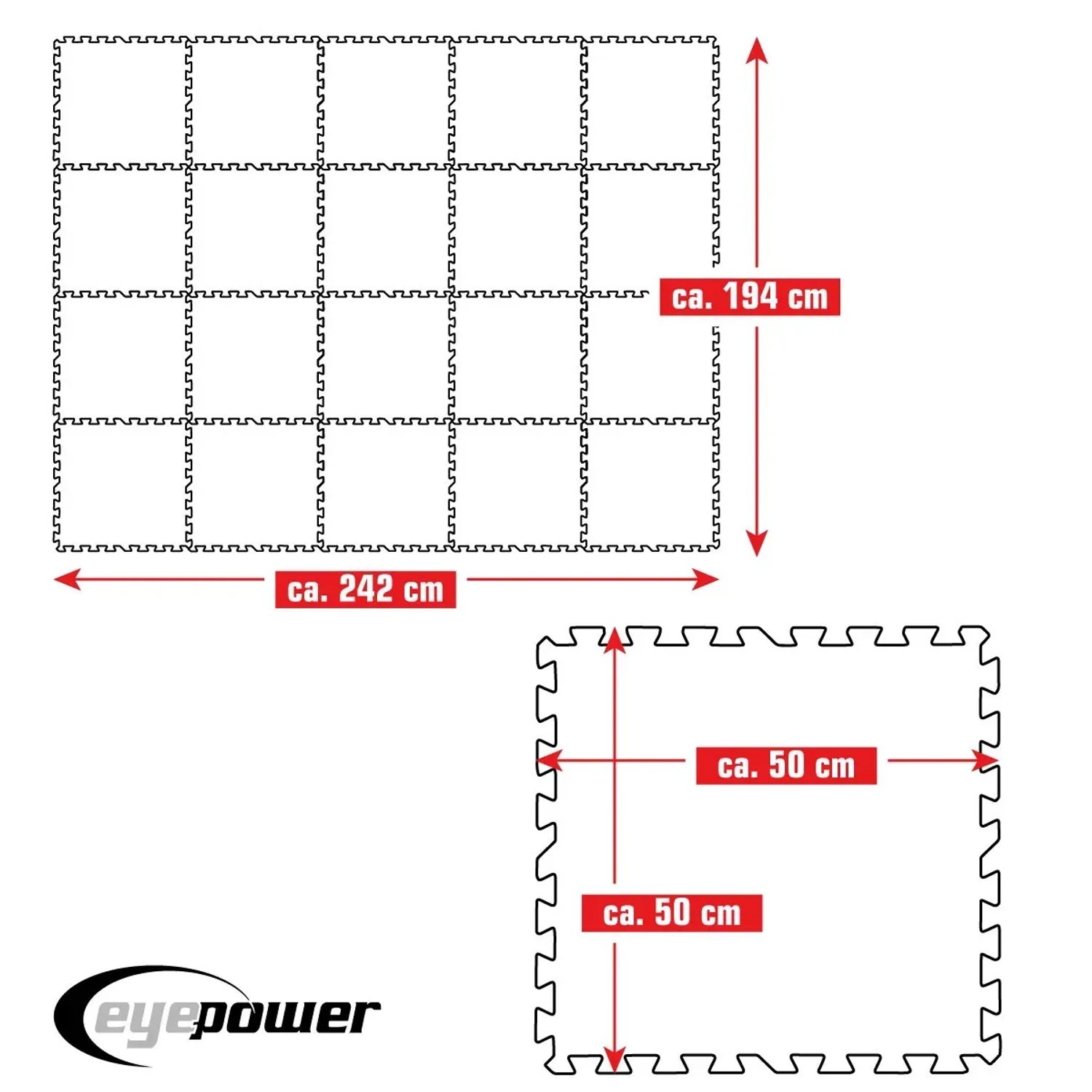 Blaues eyepower Poolunterlage 20er Set, 50x50 cm, Puzzlematten mit Maßangaben.