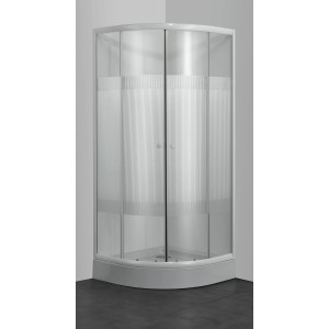 Sanotechnik Runddusche 90x90x180 cm mit weißen Profilen und Streifen-Design im Glas.