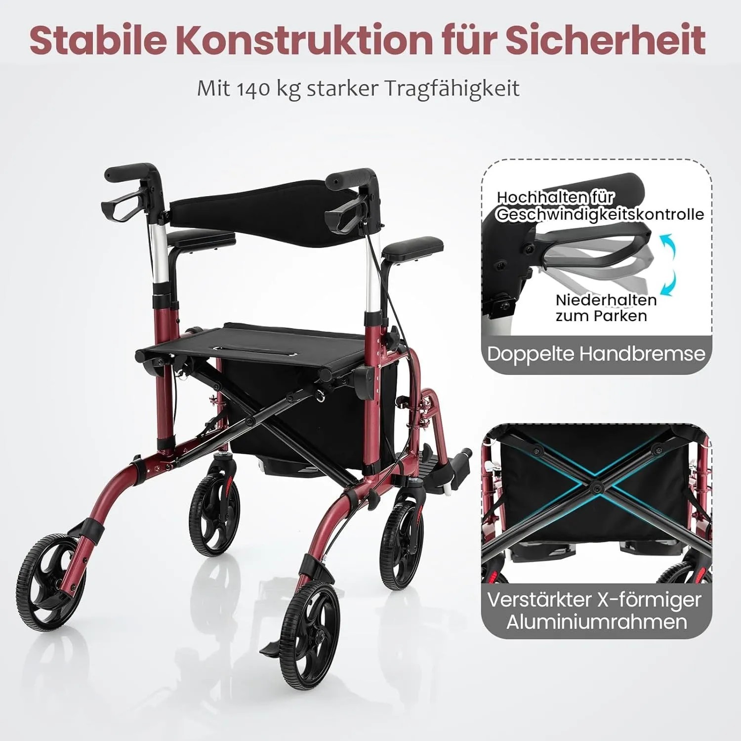 Costway Rollator Faltbar & Leicht Gehhilfe 6-Fach Höhenverstellbar Rot_6