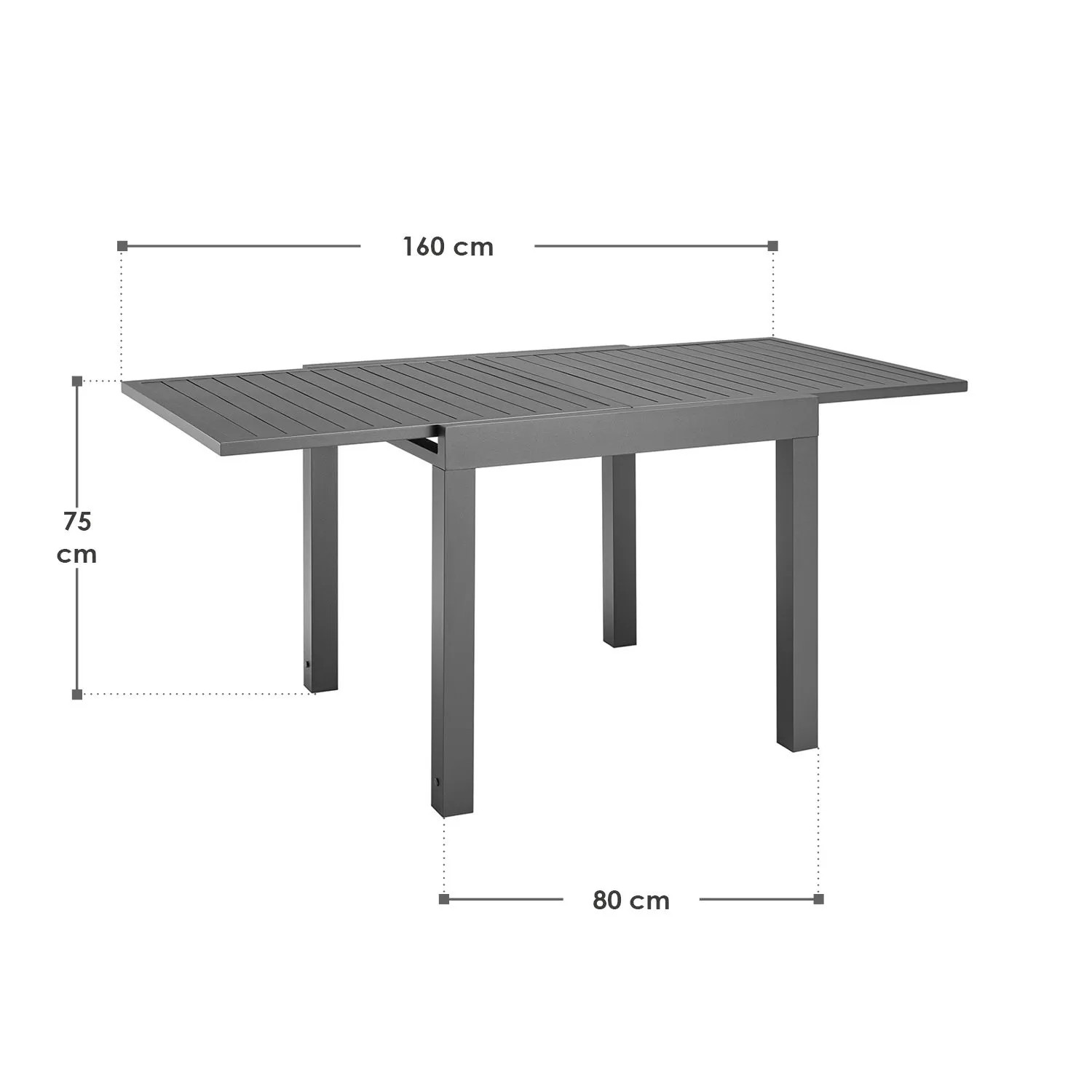 Ausgezogener, grauer Juskys Gartentisch Laki (80x80/160 cm) aus Aluminium mit Maßangaben.