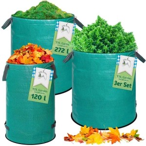 Drei grüne, selbststehende TTL GARDEN Gartensäcke (2x272L, 1x120L) mit Griffen, gefüllt mit Laub und Grünschnitt.
