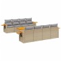 Beige 9-teilige Garten-Sofagarnitur aus Polyrattan mit grauen Kissen und Akazienholz-Akzenten.