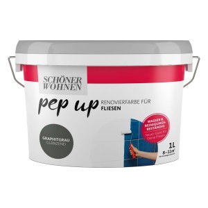 Schöner Wohnen pep up Fliesenfarbe Graphitgrau, 1L Dose für Wandfliesen im Innenbereich.