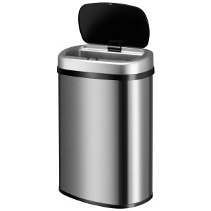 Juskys Mülleimer, viereckig, 50 L, Silber, mit geöffnetem Sensor-Deckel.