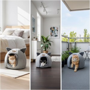 Graue Relaxdays Katzenhöhle mit Katzenohren, ideal als gemütlicher Rückzugsort für Katzen.