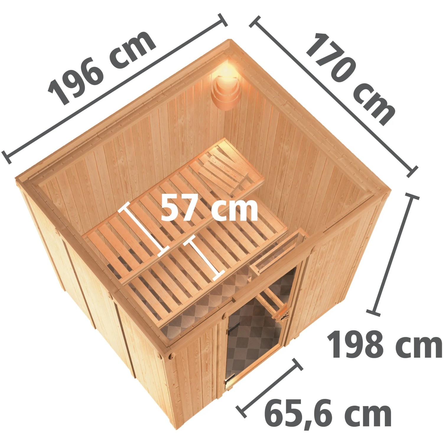 Karibu Sauna Stina mit Ofen und Glastür, Ansicht von oben mit Maßen. Massivholz- oder Elementsauna für entspannte Stunden.