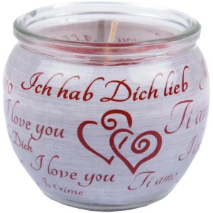 Duftkerze im Glas mit roter Aufschrift "Ich liebe Dich" und Herz-Motiv.