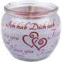 Duftkerze im Glas mit roter Aufschrift "Ich liebe Dich" und Herz-Motiv.