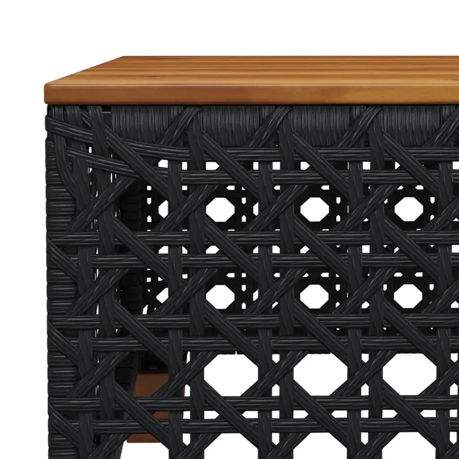 Detailansicht: Schwarze vidaXL Gartenmöbel aus Rattan mit Akazienholz-Tischplatte.