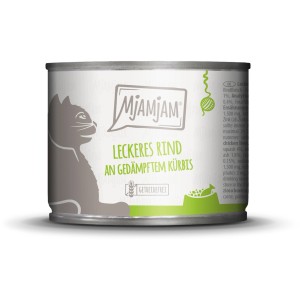 Mjamjam Katzen-Nassfutter Leckeres Rind mit Kürbis, 200g Dose.