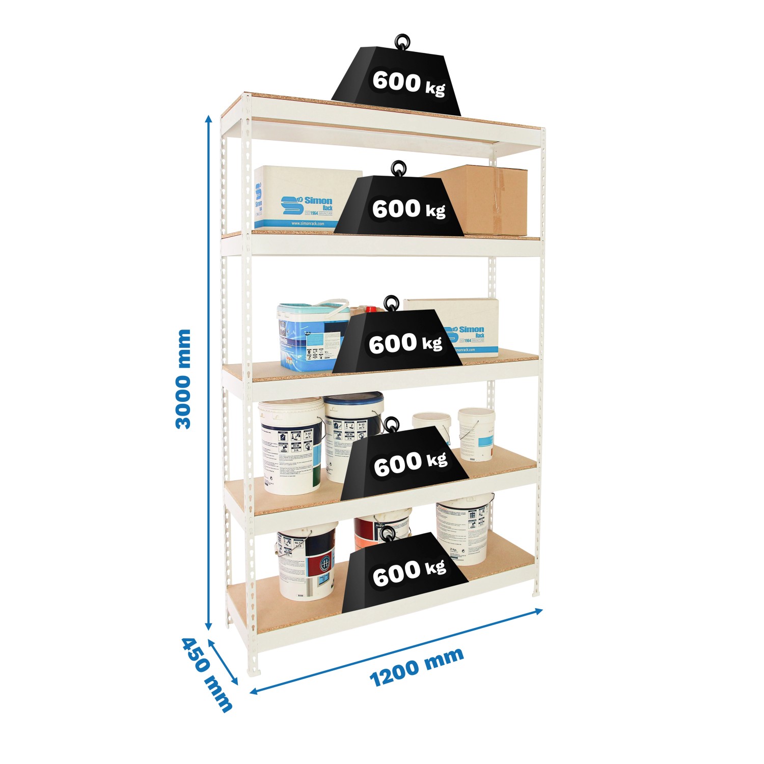 Weißes PROREGAL Schwerlastregal Wood Beast mit fünf Holzböden, beladen mit Farbeimern und Kartons.