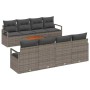 Graues 9-teiliges vidaXL Garten-Sofa-Set aus Rattan mit Tisch und grauen Kissen.