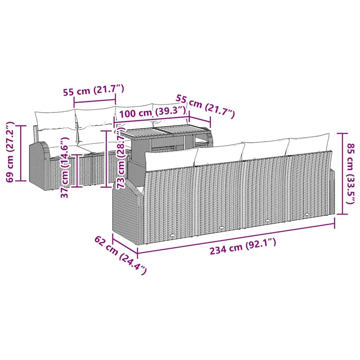 vidaXL Garten-Sofa-Set 9-tlg, schwarz, Poly Rattan, mit Maßen. Ideal für Terrasse und Garten.
