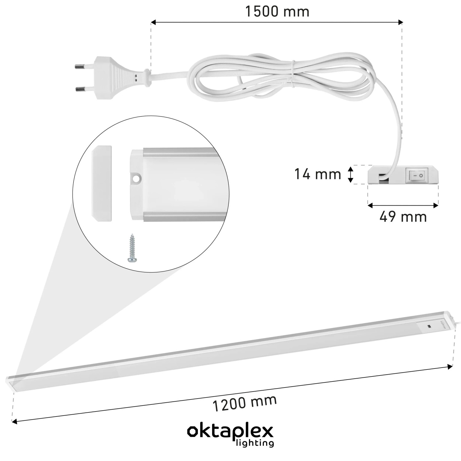 Oktaplex Riva LED Unterbauleuchte 120cm, dimmbar mit Sensor und Schalter, Aluminium, warmweiß. Flaches Design.