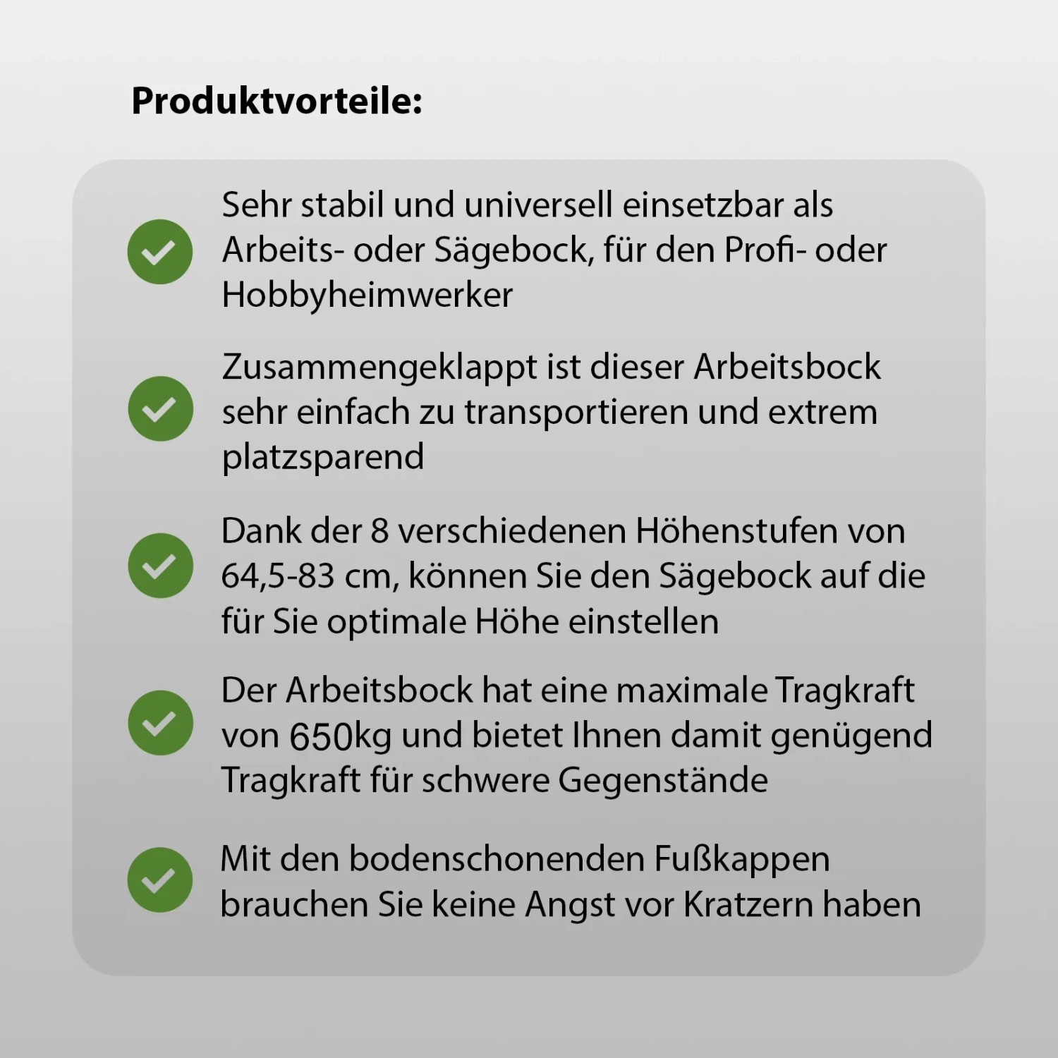 Produktvorteile des TRUTZHOLM Stahl Sägebocks: Stabil, klappbar, höhenverstellbar bis 650 kg Traglast.
