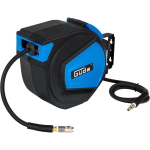 Güde Automatik Schlauchtrommel 15m, Zubehör für Kompressoren, mit blauem Gehäuse und schwarzem Schlauch.
