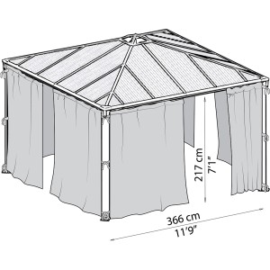 Skizze: Palram Canopia Insektenschutznetz für Pavillon, anthrazit, mit Maßen.