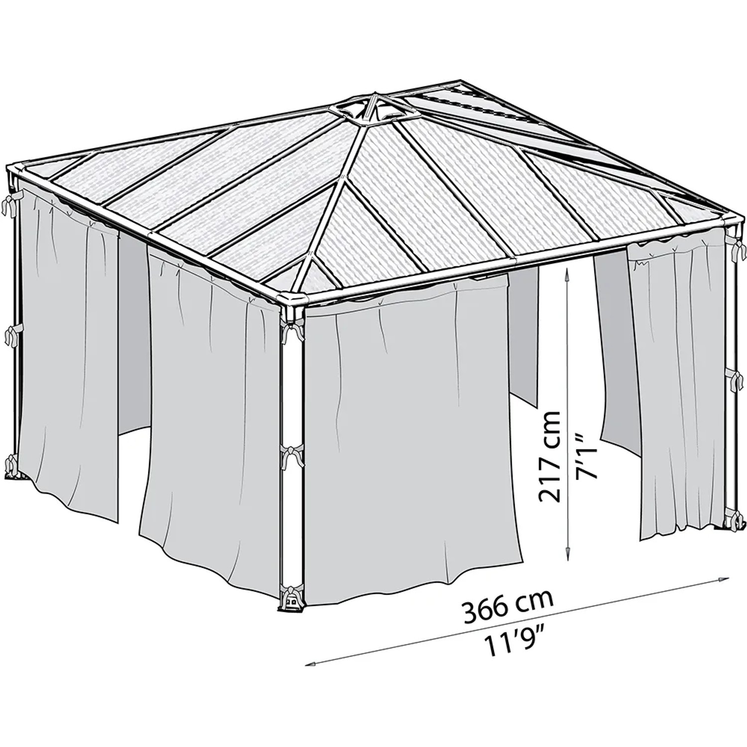 Skizze: Palram Canopia Insektenschutznetz für Pavillon, anthrazit, mit Maßen.