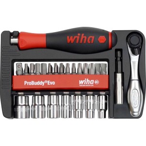 Wiha Bit- und Steckschlüssel-Set ProBuddy Evo, 40-teilig. Schwarzer Halter mit Bits, Steckschlüsseln, Ratsche, Schraubendreher.