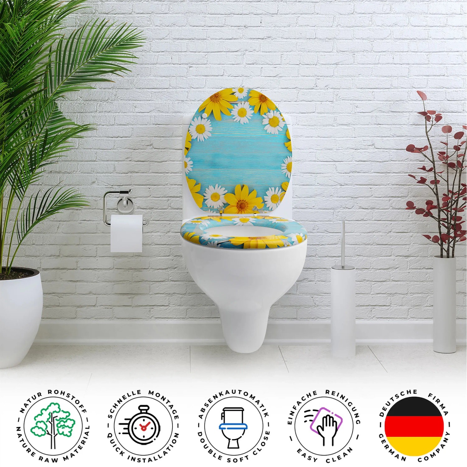 Sanfino WC-Sitz Daisies aus Holz mit Absenkautomatik, hellblau mit Gänseblümchen-Motiv.