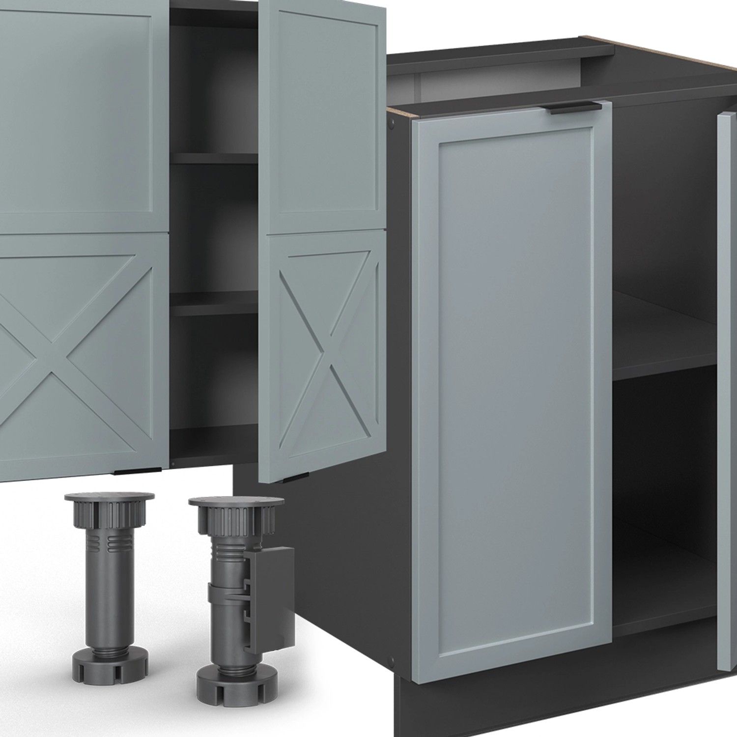 Vicco Fame-Line Küchenzeile in Hellblau-Grau/Anthrazit mit Marmor Arbeitsplatte, 300 cm breit.