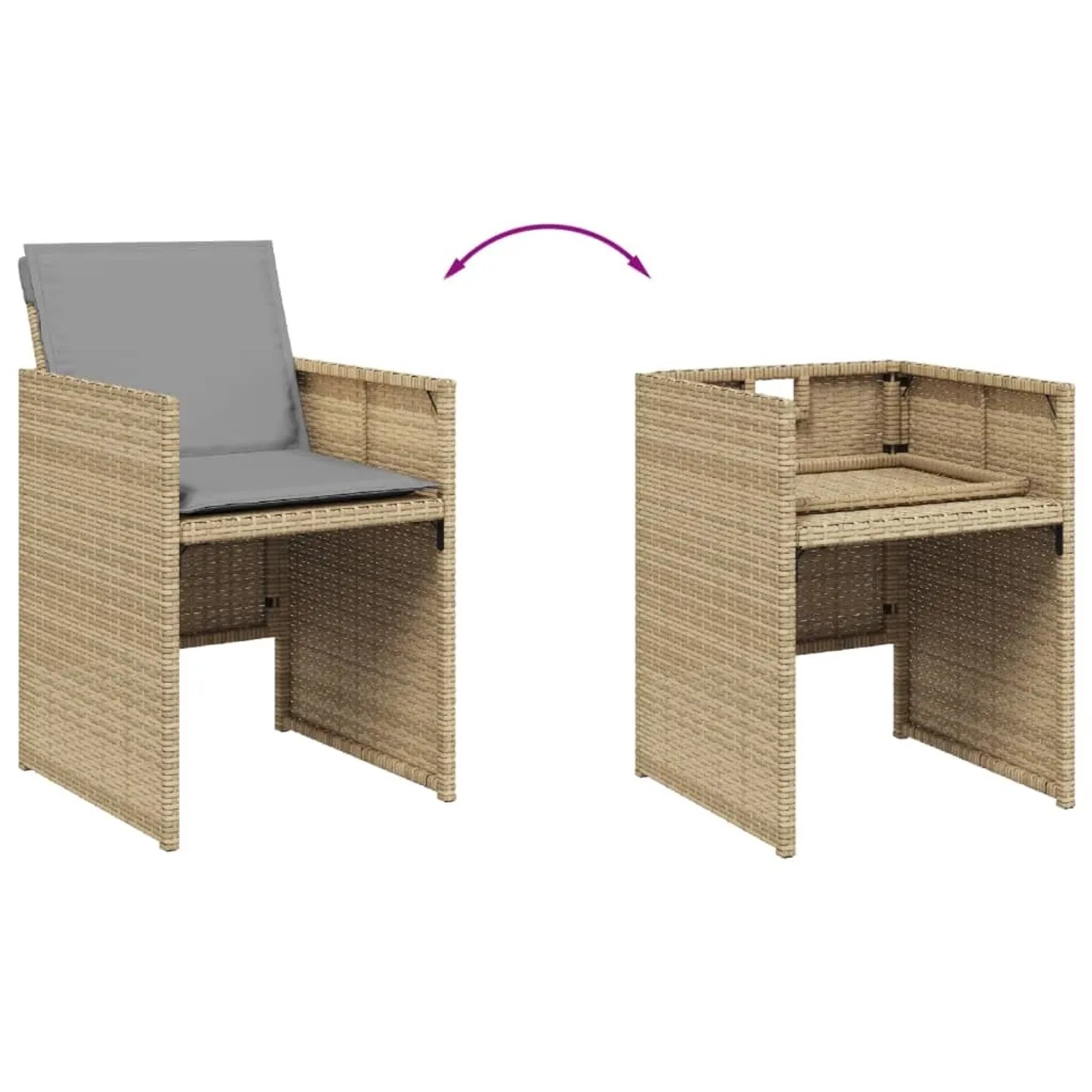 vidaXL Gartenstuhl aus Rattan, beige, mit Kissen und Stauraum unter dem Tisch der Essgruppe.