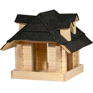 Dobar Vogelhaus Nero aus hellem Kiefernholz mit dunklem Bitumen-Walmdach und Gauben, zum Hängen.