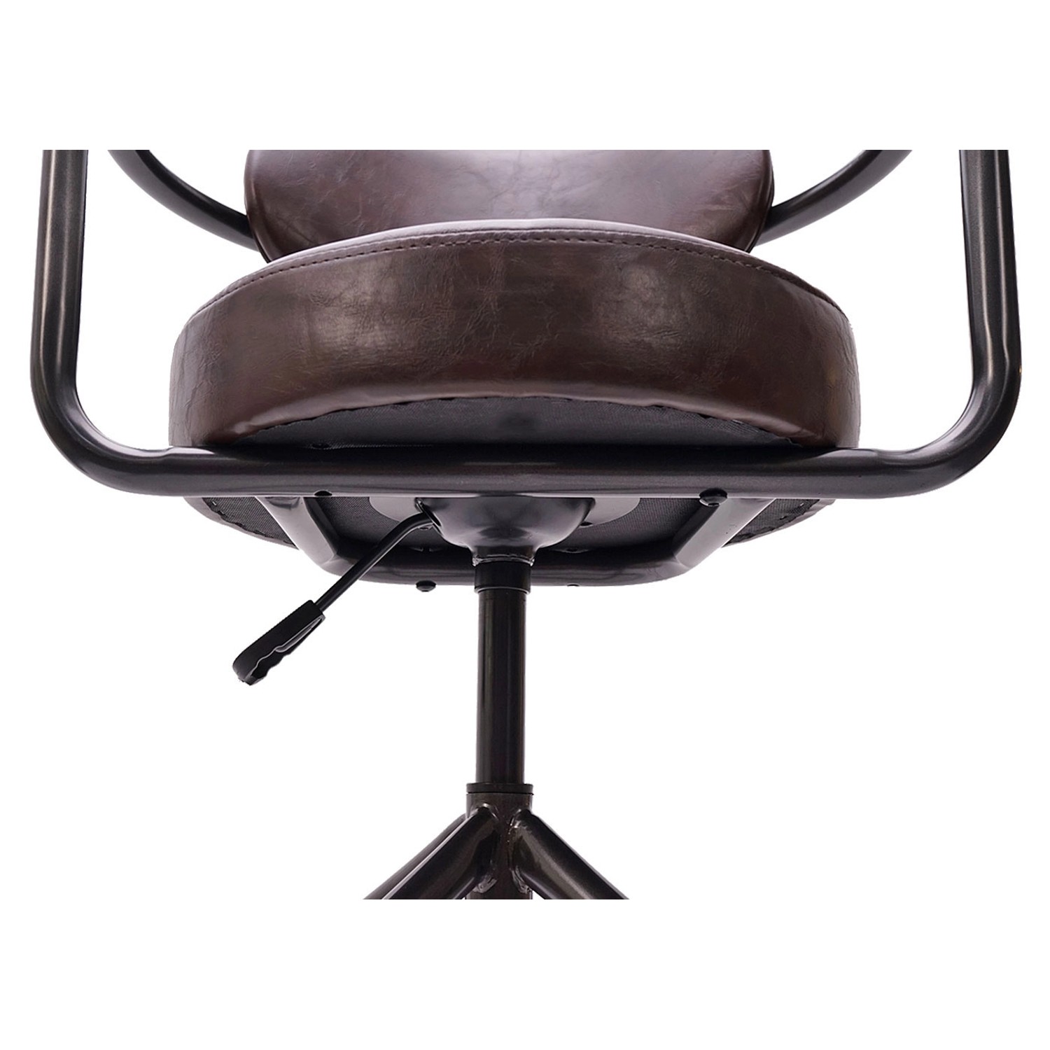 Detailansicht Barhocker MCW H10f Vintage Braun: Sitz, Armlehne, Stahlgestell, Höhenverstellung.