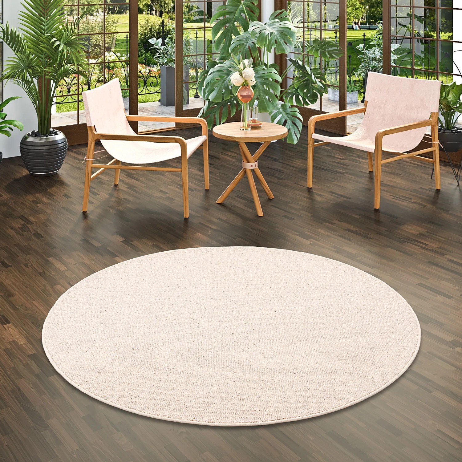 Runder, beiger Snapstyle Natur Teppich aus Wolle (Berber) mit 200 cm Durchmesser.