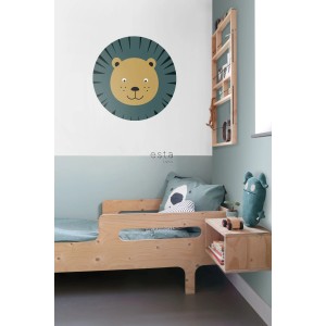 ESTAhome runde Tapete mit Löwenmotiv in Petrolblau/Ockergelb, selbstklebend, Durchmesser 70 cm.