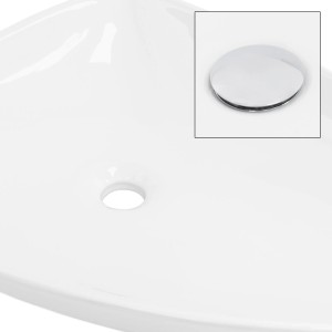 Detailaufnahme: Weißes, dreieckiges ML-Design Handwaschbecken aus Keramik mit Ablaufgarnitur.