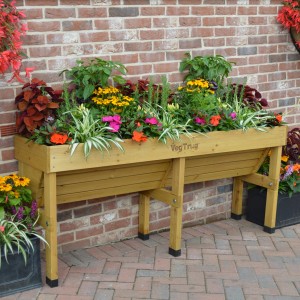 VegTrug Wallhugger Hochbeet aus Zedernholz, bepflanzt mit Blumen, vor einer Backsteinmauer.