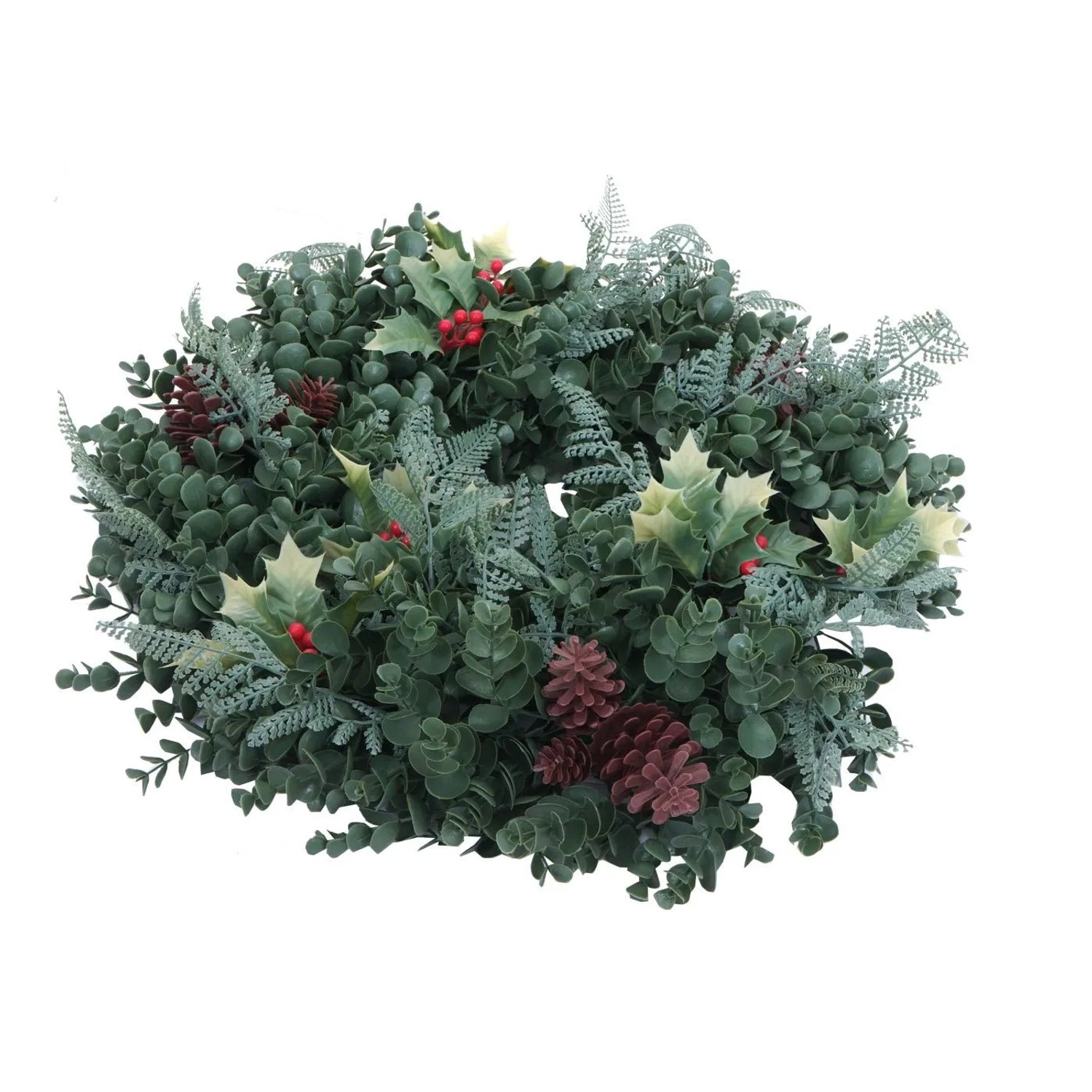 Künstlicher Weihnachtskranz Ø 60cm, grün mit Eukalyptus, Stechpalme, Farn, roten Beeren und Zapfen.