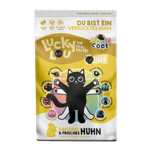 Lucky Lou Katzen-Trockenfutter Geflügel & Huhn, 750g Packung mit Katze und Huhn Illustration.