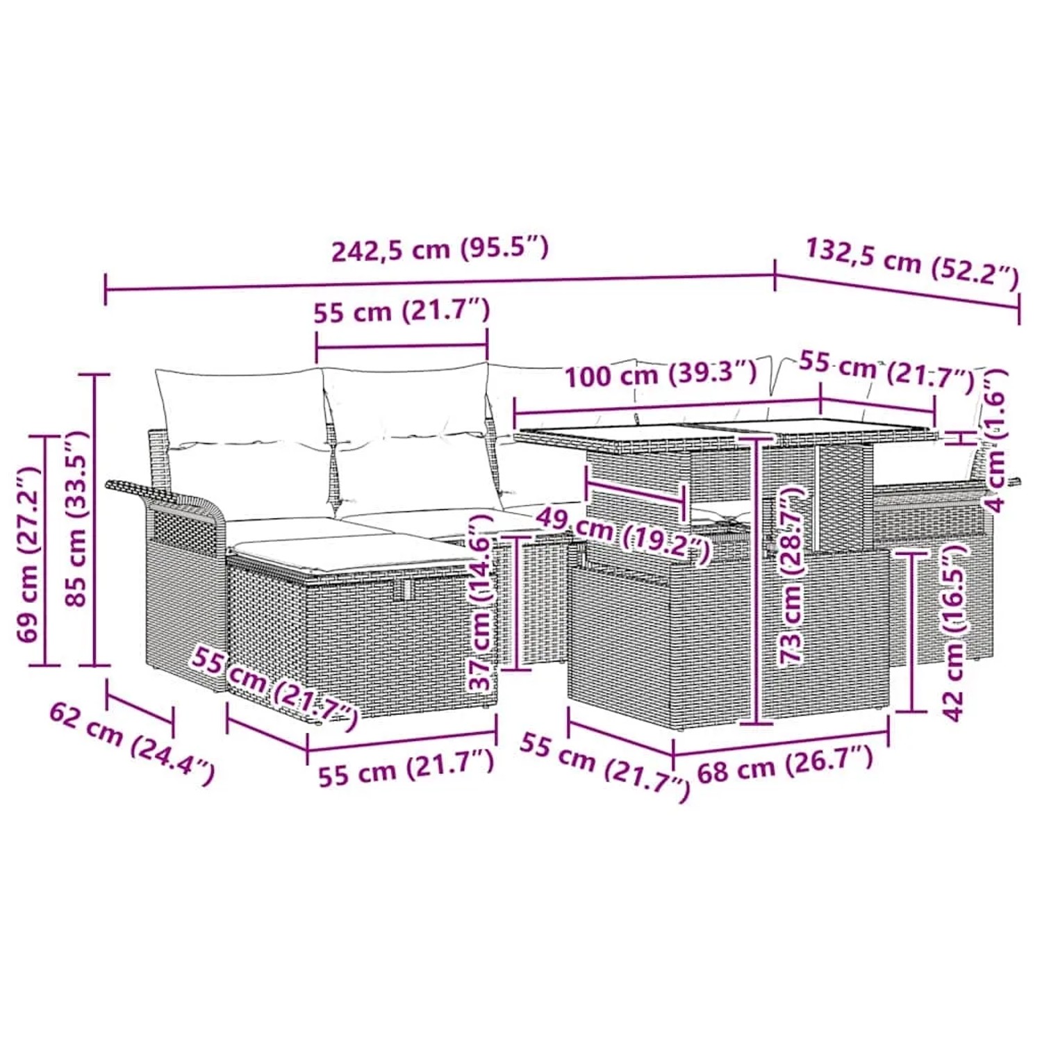 vidaXL Gartenmöbel-Set grau, 7-teilig, Poly Rattan, mit Maßen. Ideal für Terrasse und Garten.
