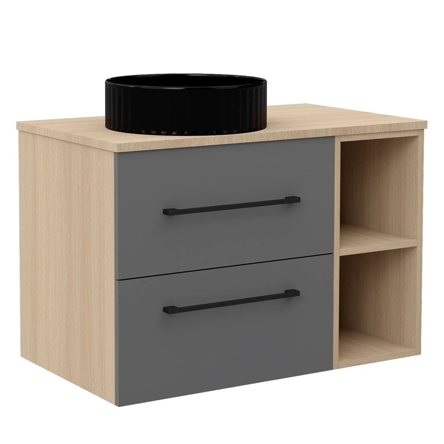 AICA Waschtisch mit Unterschrank Kross Badmöbel Set 36 cm Aufsatzbecken mit Unterschrank 80 cm Grau Eiche Matt Softclose Schubladen mit Staufach