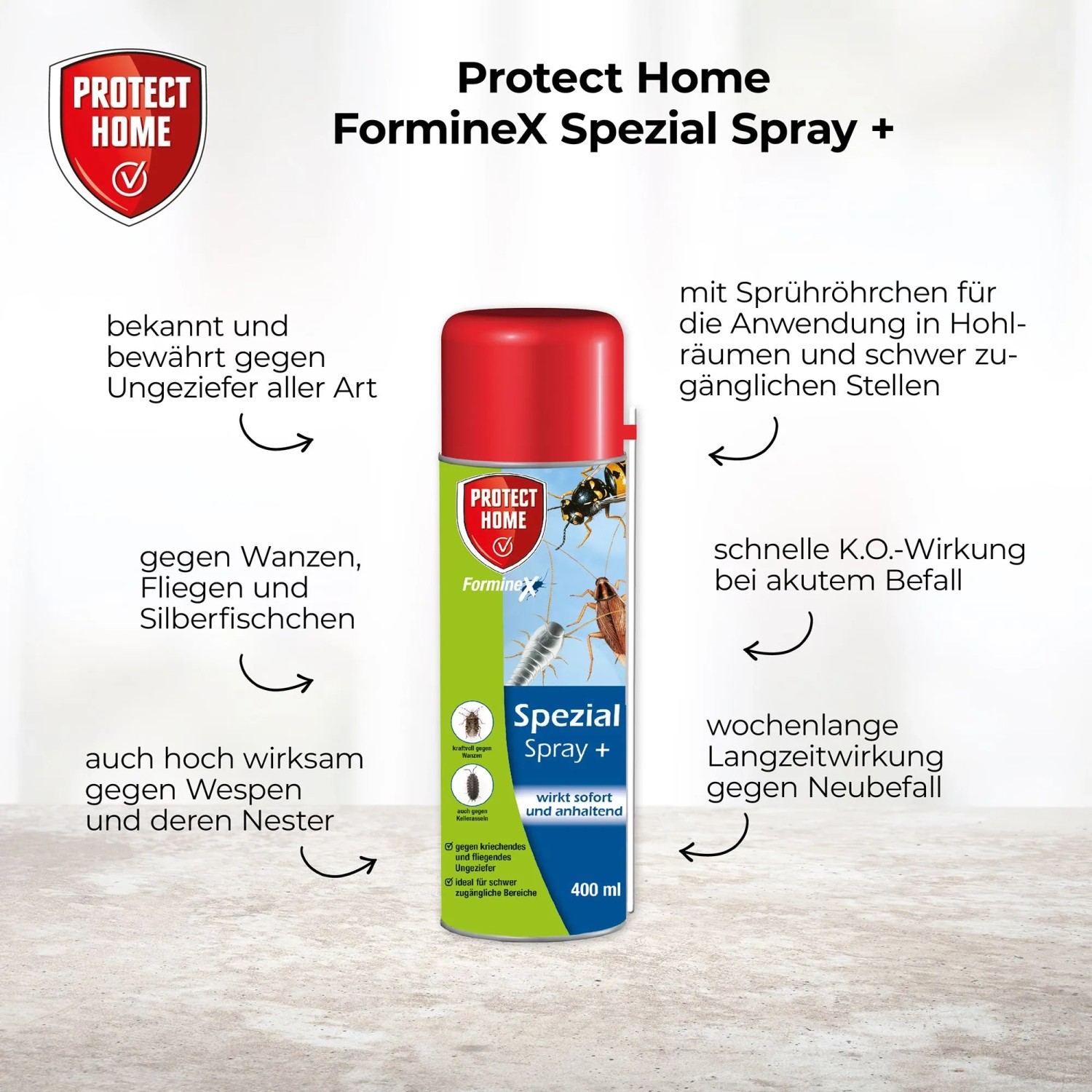 Protect Home Spezialspray gegen Ungeziefer, 400ml Dose mit Sprührohr.