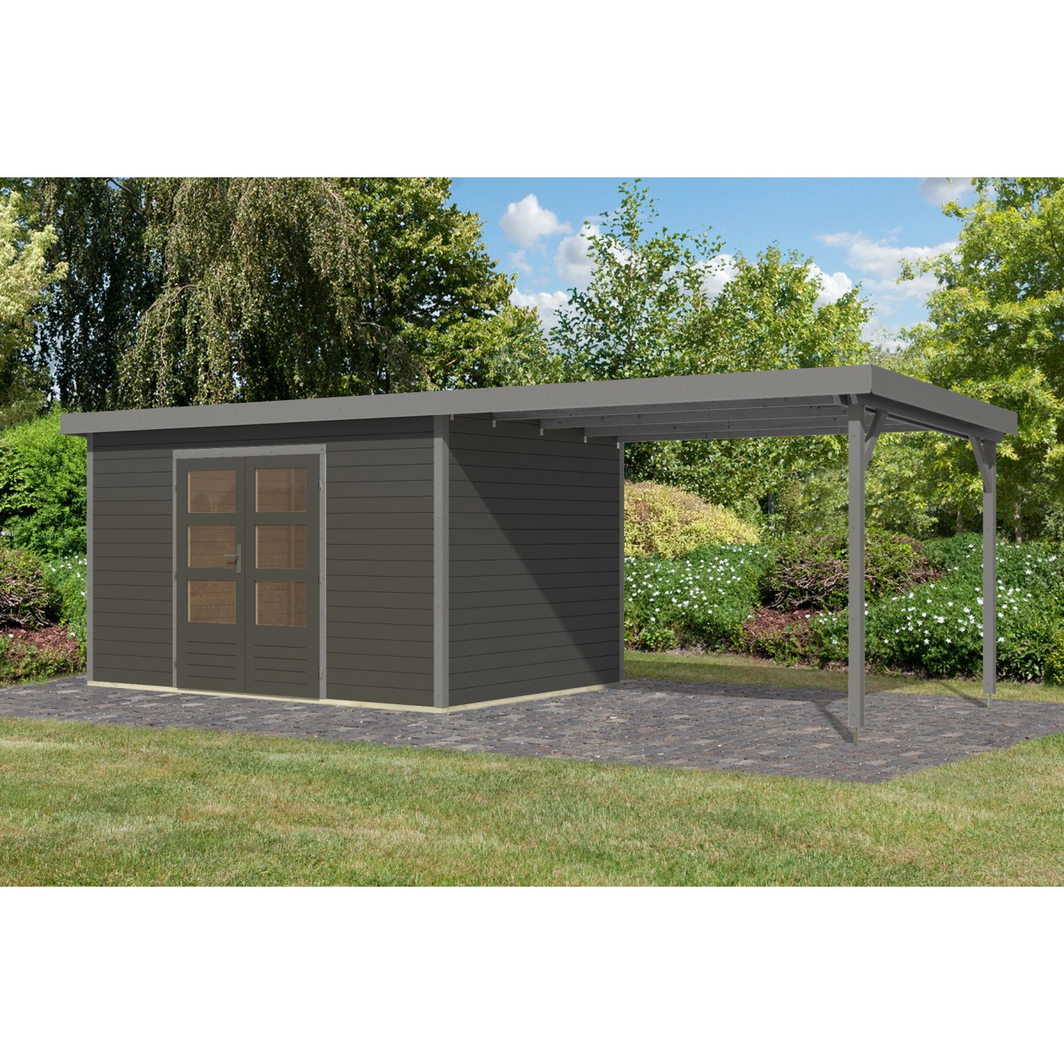 Karibu Gartenhaus Domingo 7 B m. Anbaudach Terragrau/Grau 219 x 360 x 240 c günstig online kaufen
