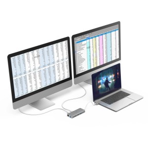 Hama USB-C Hub mit MacBook, zwei Monitoren und diversen Anschlüssen für Computer & Multimedia.