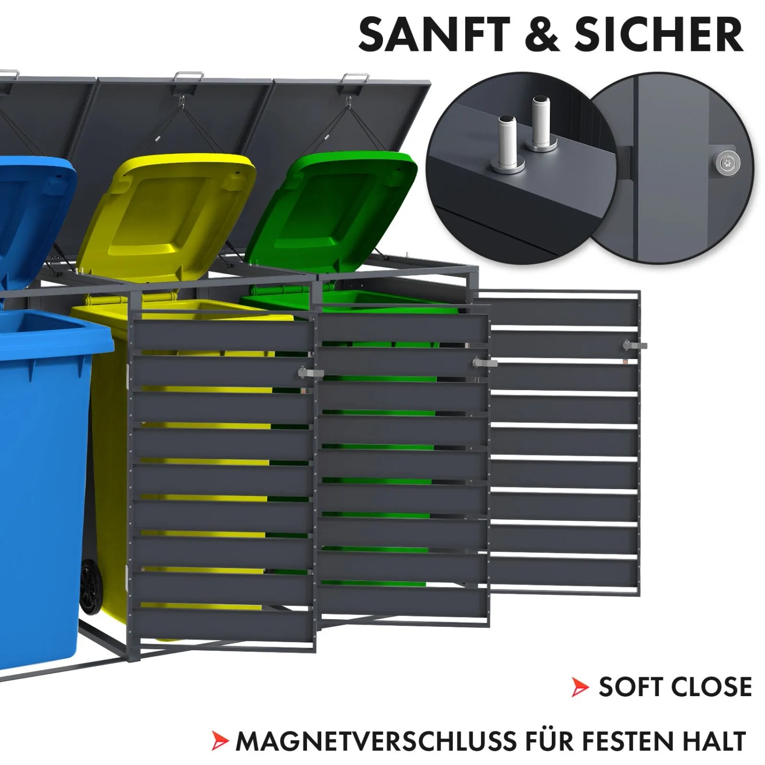 KARAT Mülltonnenbox Johan für 3 Tonnen (60-240L) mit Edelstahlrahmen und Holzdekor. Ordnungssystem für den Garten.